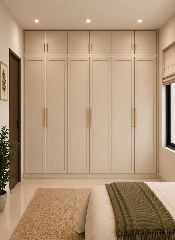A wall of cream floor-to-ceiling wardrobe doors with brass handles in a bedroom
